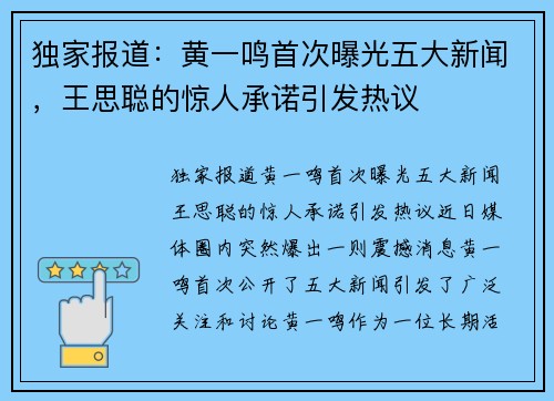 独家报道：黄一鸣首次曝光五大新闻，王思聪的惊人承诺引发热议