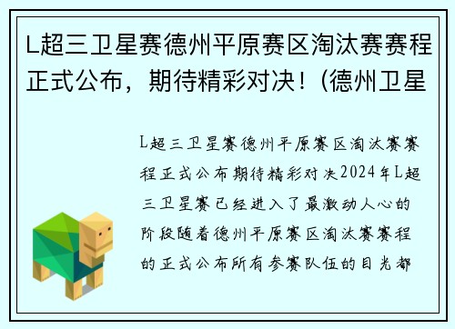 L超三卫星赛德州平原赛区淘汰赛赛程正式公布，期待精彩对决！(德州卫星赛什么意思)