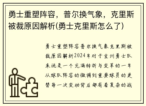 勇士重塑阵容，普尔换气象，克里斯被裁原因解析(勇士克里斯怎么了)