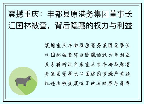 震撼重庆：丰都县原港务集团董事长江国林被查，背后隐藏的权力与利益关系解析