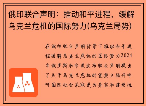 俄印联合声明：推动和平进程，缓解乌克兰危机的国际努力(乌克兰局势)