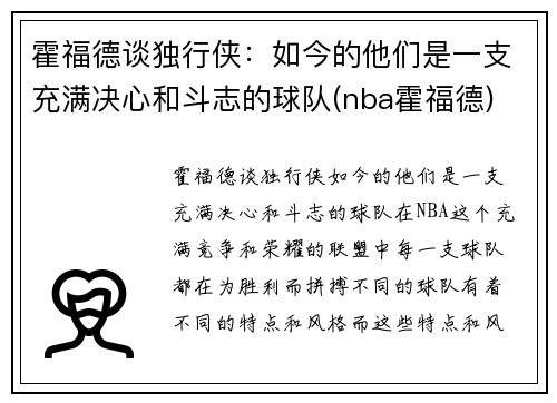 霍福德谈独行侠：如今的他们是一支充满决心和斗志的球队(nba霍福德)