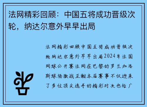 法网精彩回顾:中国五将成功晋级次轮,纳达尔意外早早出局