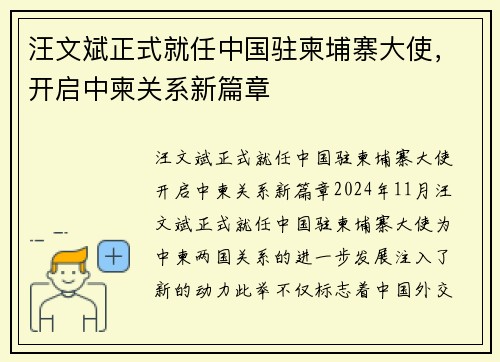 汪文斌正式就任中国驻柬埔寨大使,开启中柬关系新篇章